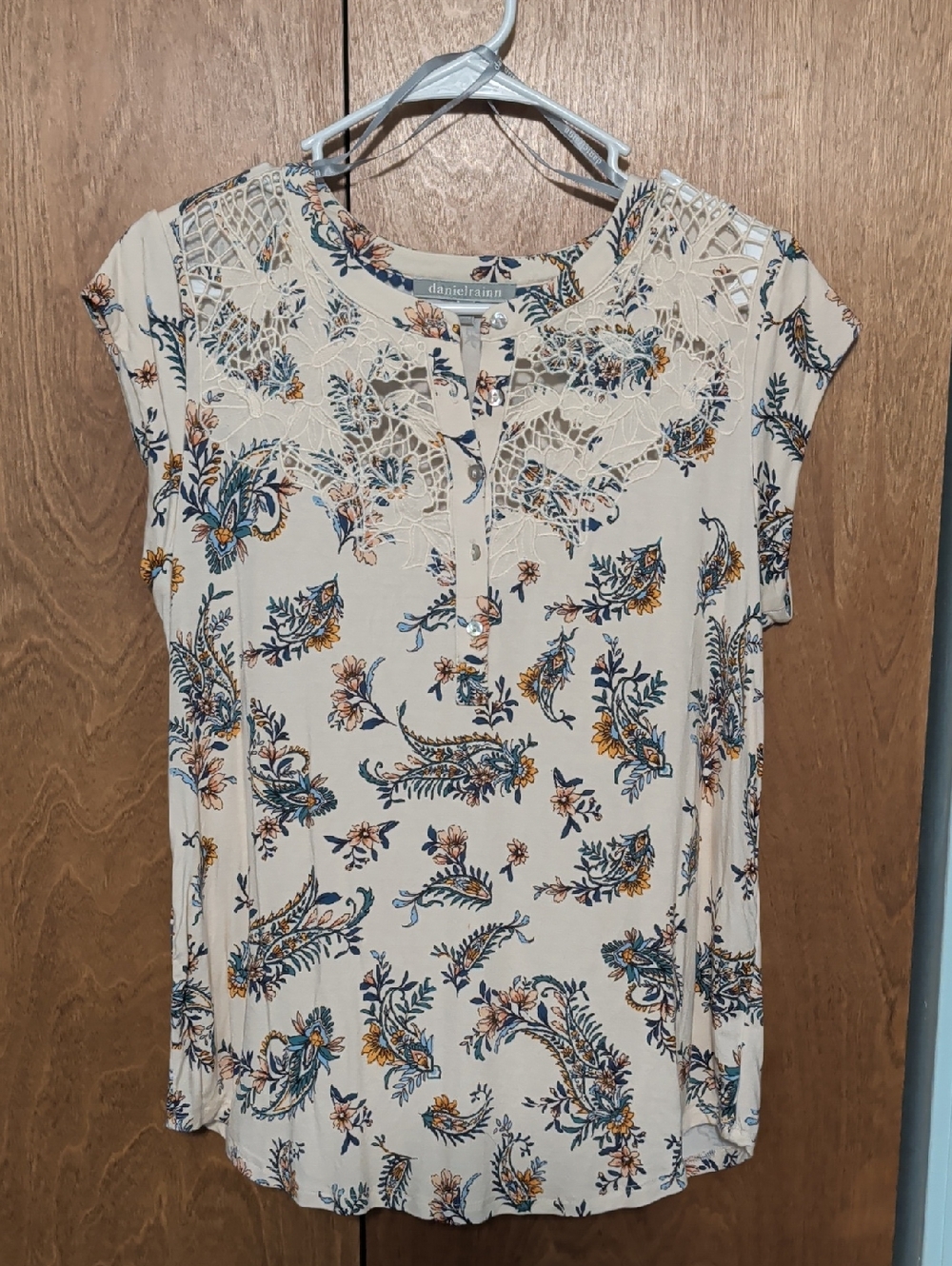Daniel Rainn Cream Floral Lace Yoke Blouse with Blue and Mustard Print